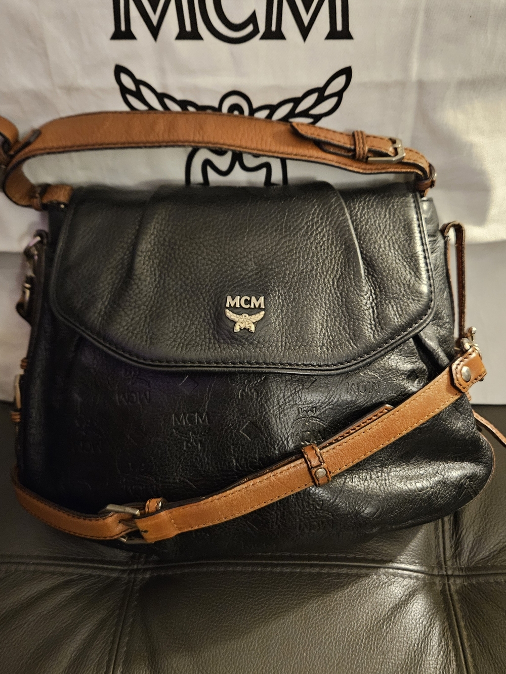 MCM Black Leather Shoulder Bag with Tan Strap